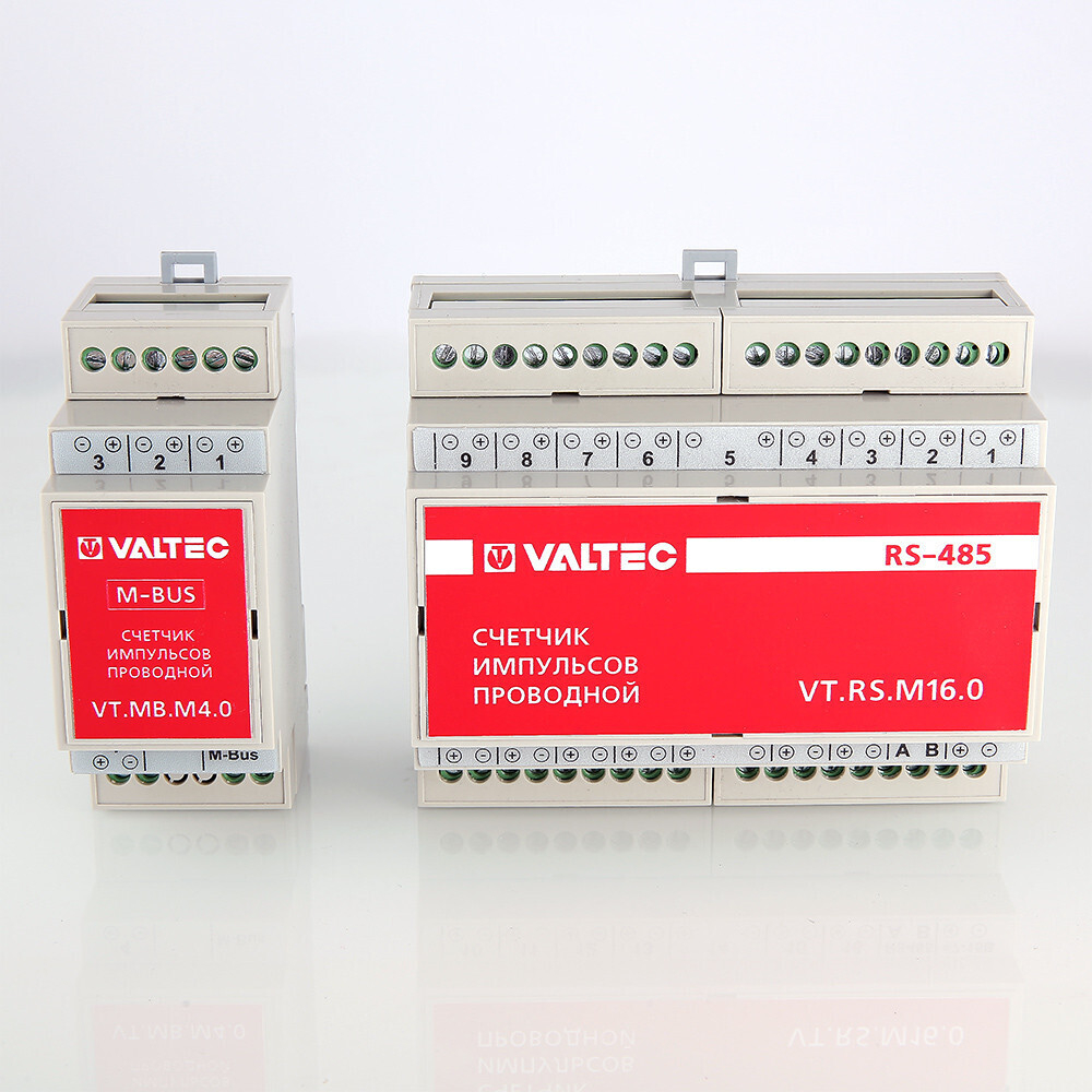 Счетчик импульсов VALTEC проводной универсальный c выходом RS-485 4 канала, внешнее питание, крепление на DIN-рейку, IP20 (арт.VT.RS.M4.0)