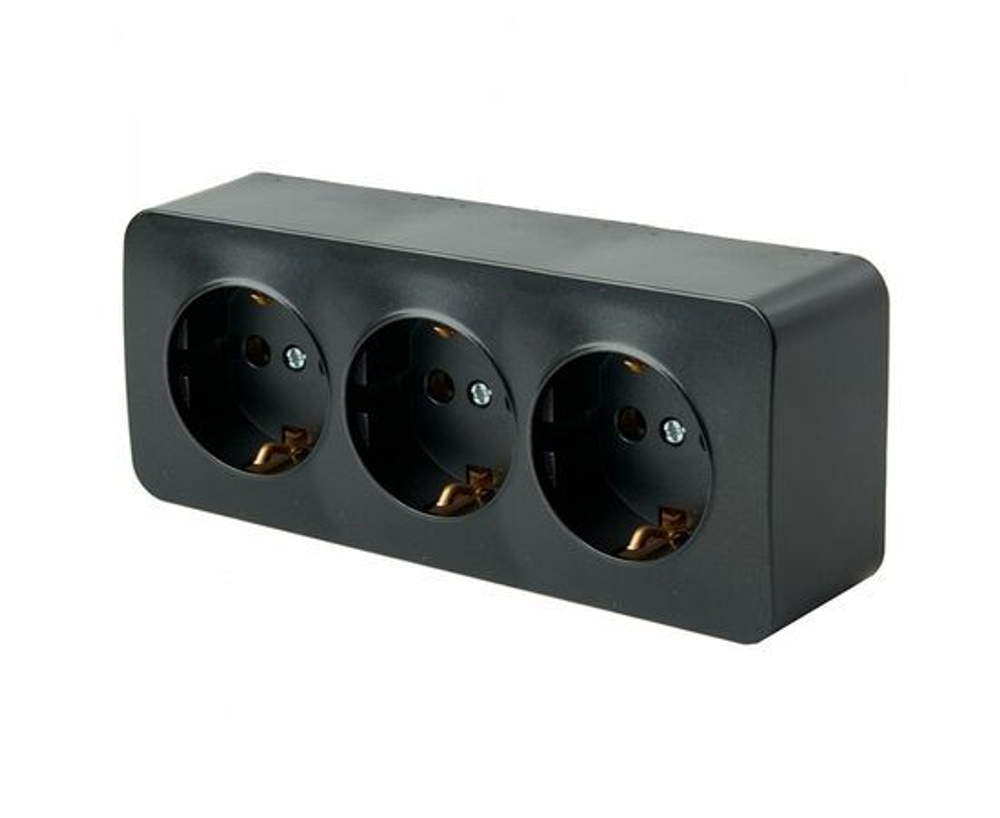 Розетка 3-местная с/з открытой установки, STEKKER, 250В, 16А, IP20, серия София, черный, MST16-13-02