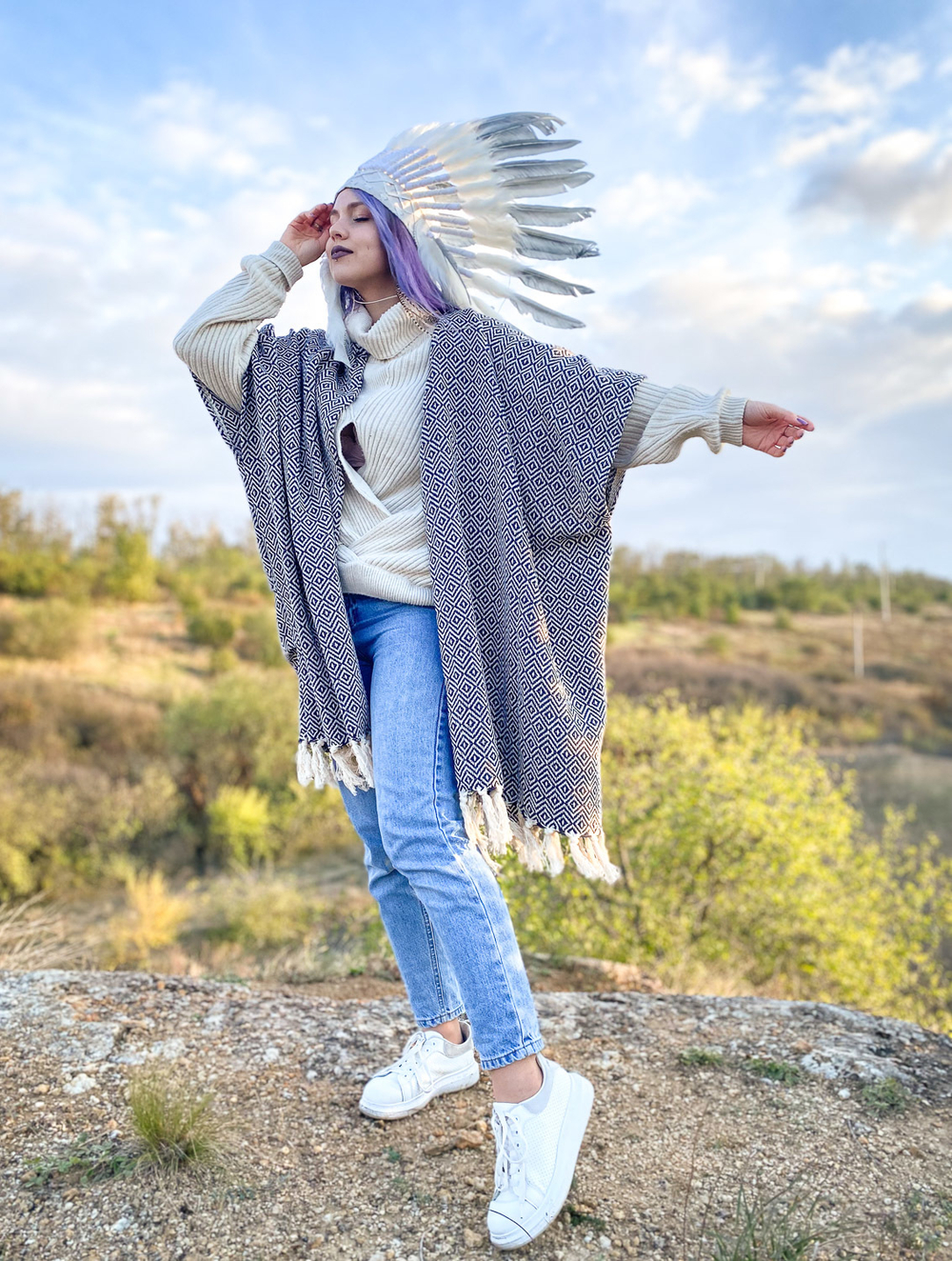 Бохо-накидка из фактурного хлопка (темно-синий/ромб)