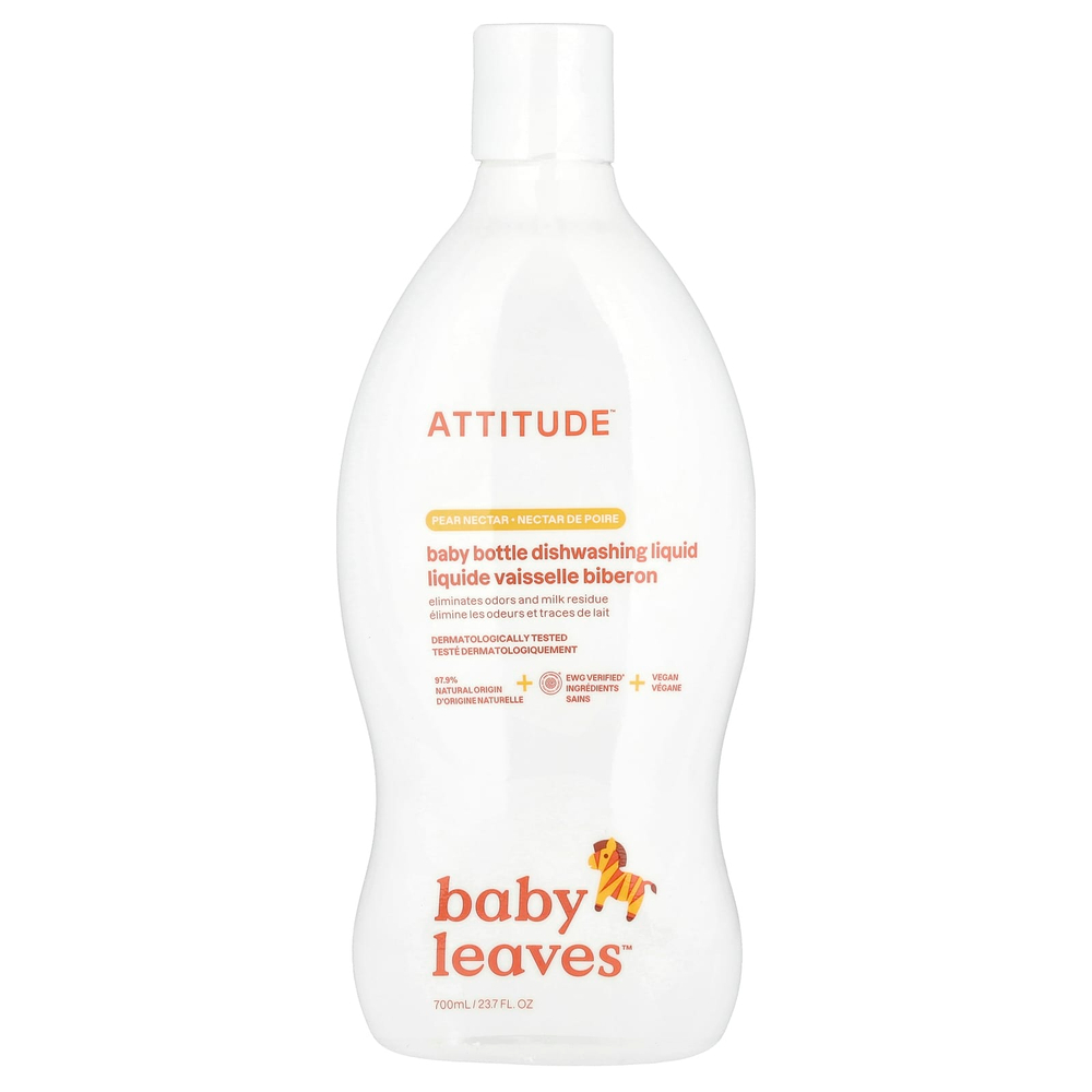 ATTITUDE, Baby Leaves ™, средство для мытья посуды из детских бутылочек, грушевый нектар, 700 мл (23,7 жидк. Унции)