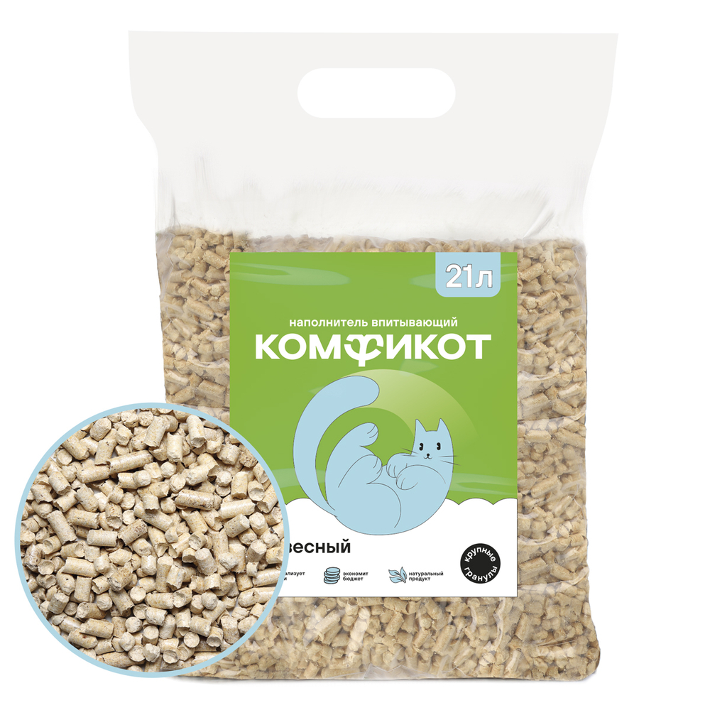 КОМФИКОТ Наполнитель древесный впитывающий, крупные гранулы, 21 л