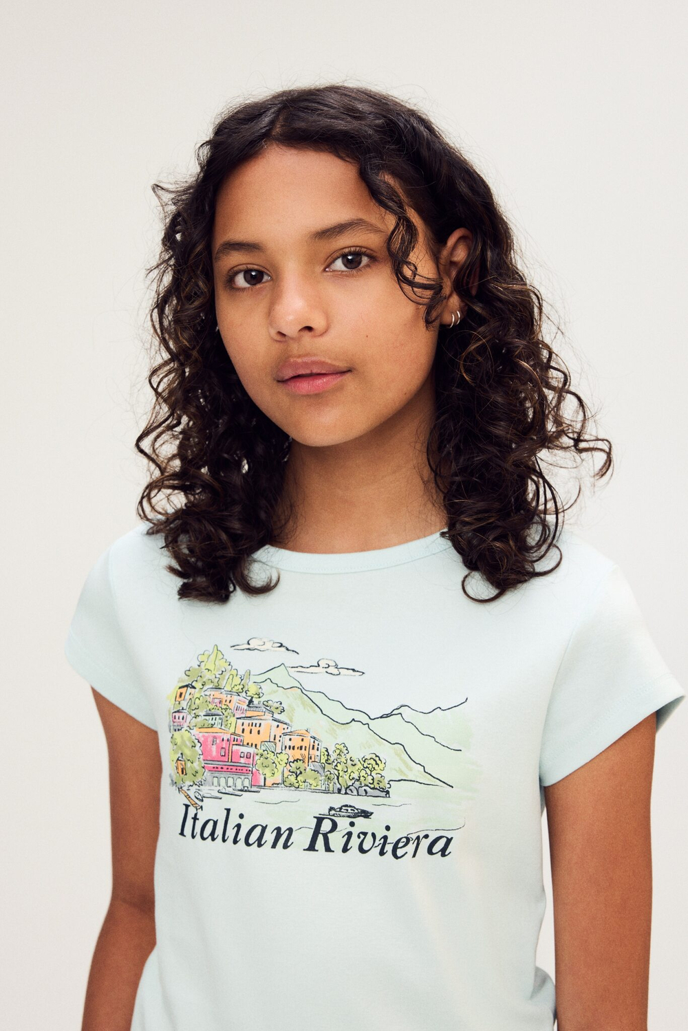 H&M Футболка из хлопка с принтом, светло-бирюзовый