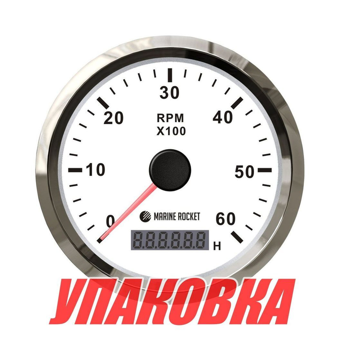 Тахометр 0-6000 об/мин со счетчиком моточасов делитель 1-10, белый циферблат, нержавеющий ободок, Marine Rocket (упаковка из 8 шт.)