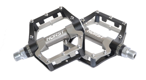 Педали алюминий H18 ось Cr-Mo с 1 гер.промподш. смен. шип, двухкомп. 100*90*23мм, 385 г черно-серые HORST