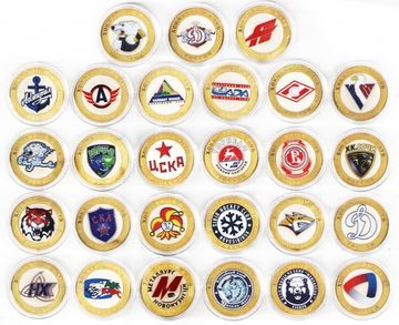 Набор из 27-ми монет 10 рублей 2014 год КХЛ. Цветная эмаль. Неофициальный выпуск