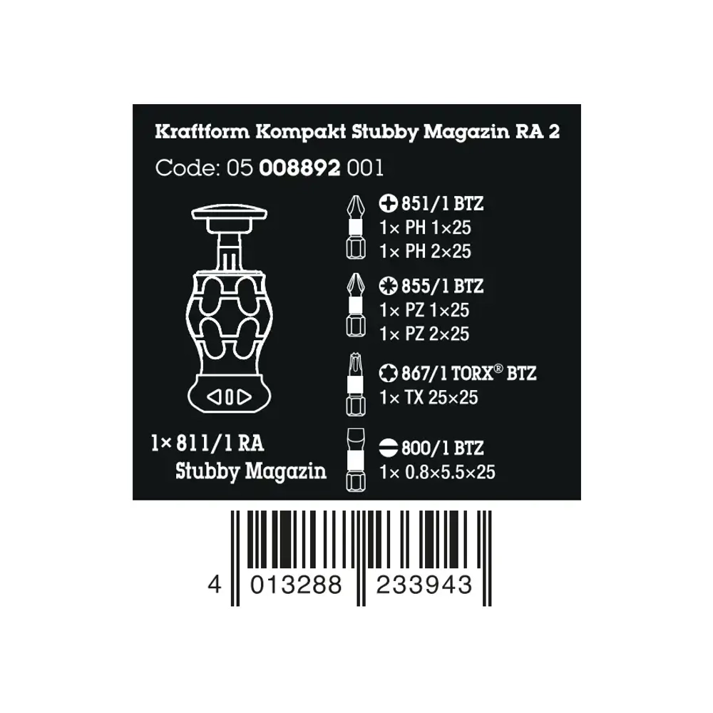 Ручка-битодержатель с трещоткой Kraftform Kompakt Stubby Magazin RA 2 WERA 05008892001