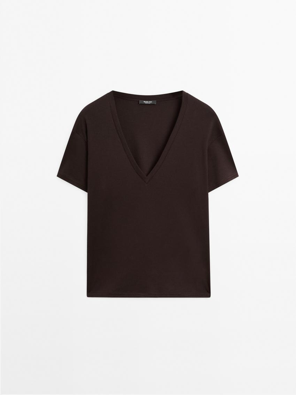 Massimo Dutti Футболка из 100% хлопка с V-образным вырезом, коричневый