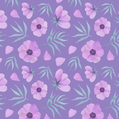 Розовые цветочки с листиками на фиолетовом фоне