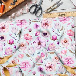 Ткань поплин летние букеты с листьями и бутонами