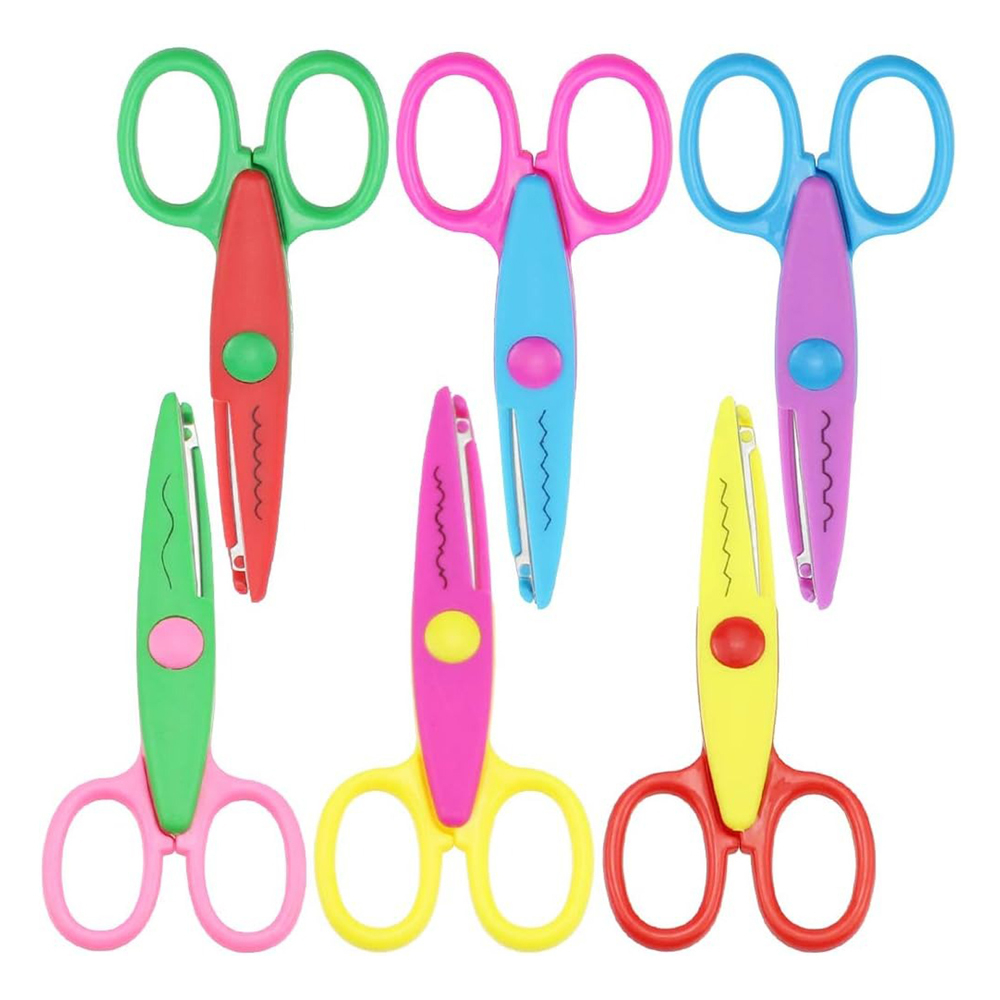 Ножницы для бумаги фигурные 6 шт детские, Закругленные безопасные лезвия 5 см, длина 13 см, для резки, творчества, двухцветный корпус, NB-Nabil