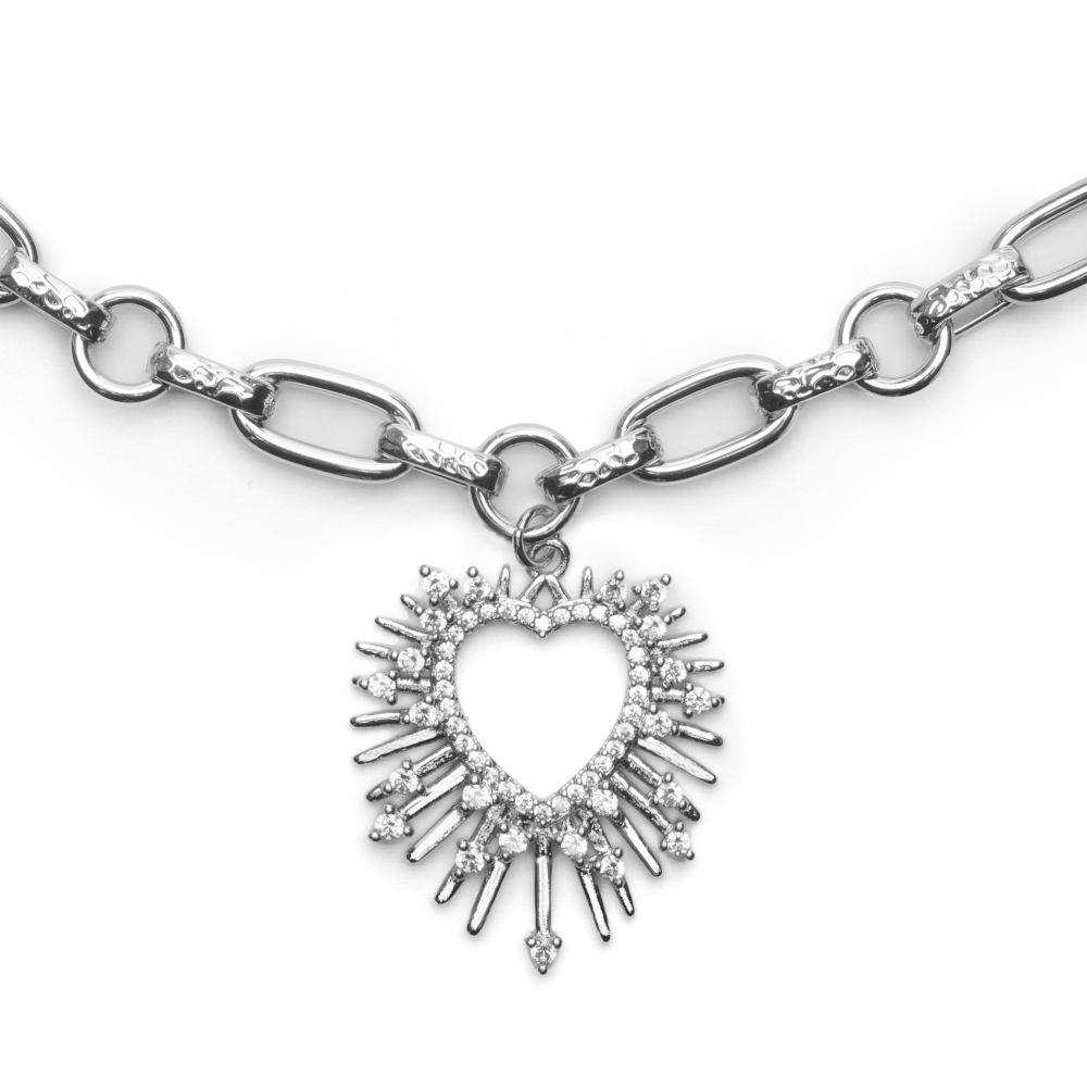 Латунная цепочка с большим Сердцем и Фианитами, silver