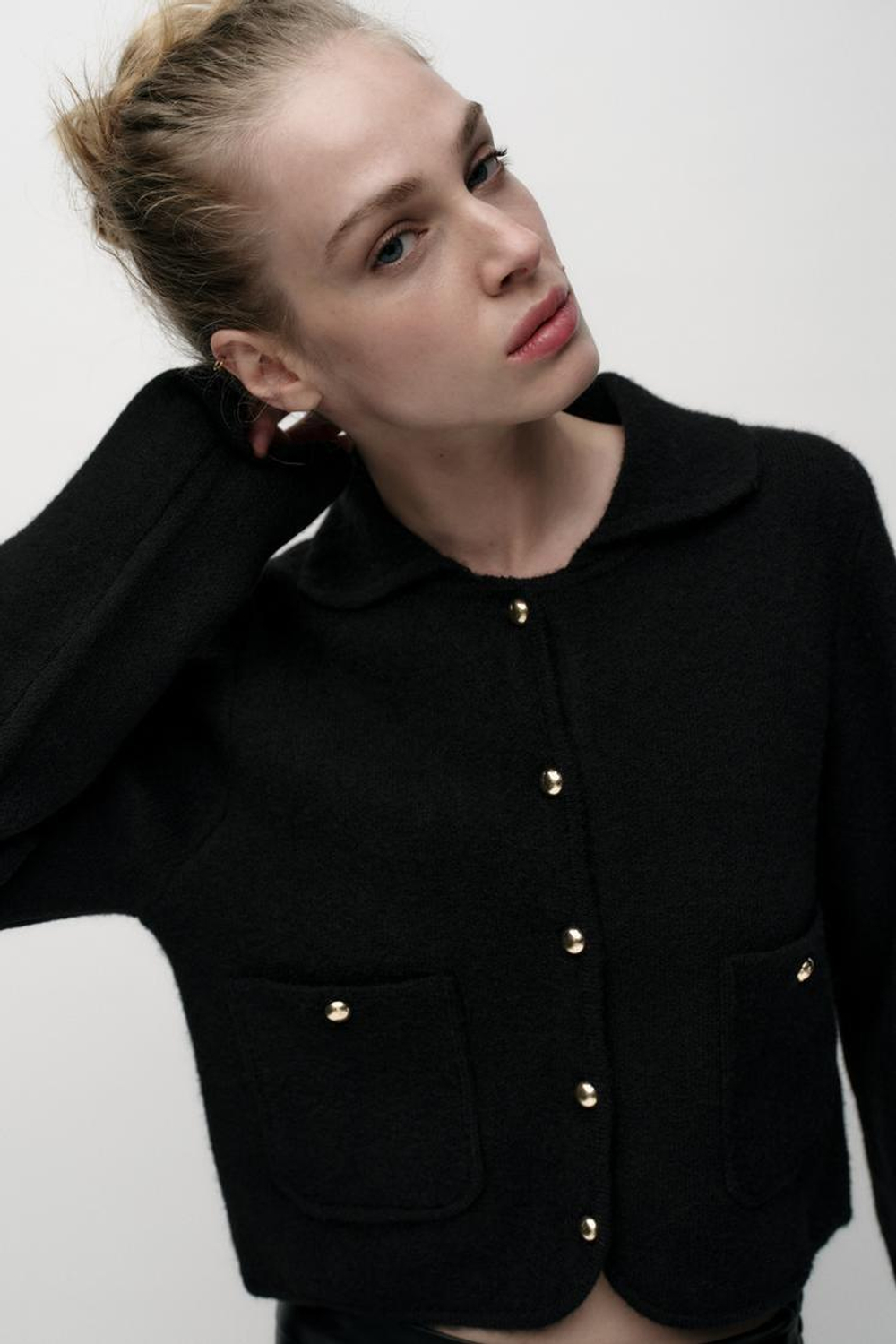 ZARA ОДНОТОННЫЙ КАРДИГАН С ВОРОТНИКОМ ПОЛО, ЧЕРНЫЙ