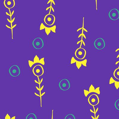 Желтые фолк цветы на фиолетовом фоне с бирюзовыми кружочками. Yellow folk flowers on violet background with turquoise circles