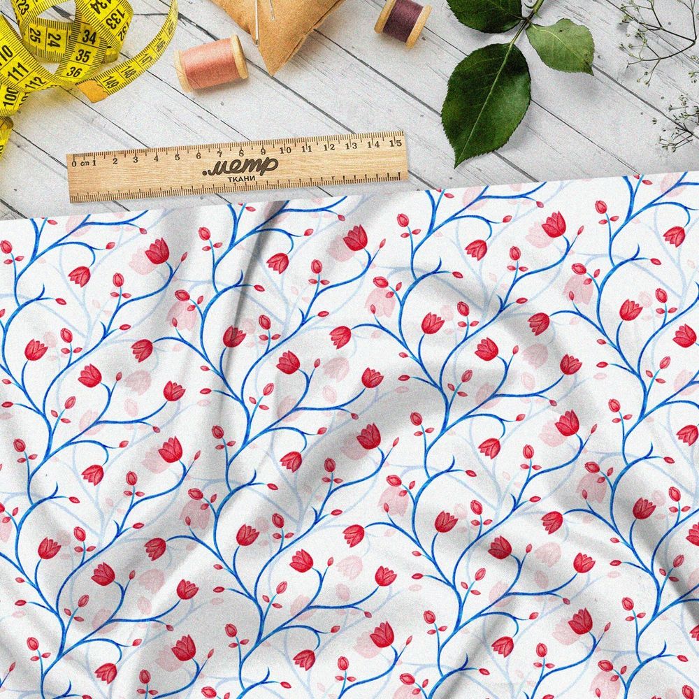 Ткань дюспо узорные веточки с красными цветами