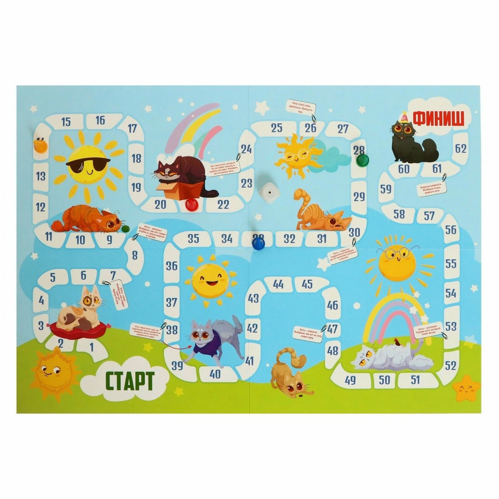 Игра-ходилка, Ракета "Котейкины проказы", 3 +, размер игрового поля 420 х 300 мм, в комплекте кубик, 4 фишки, пакет с европодвесом