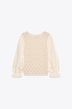 ZARA ТОП ИЗ АЖУРНОГО ТРИКОТАЖА С РУКАВАМИ ИЗ ТКАНИ, ЭКРЮ