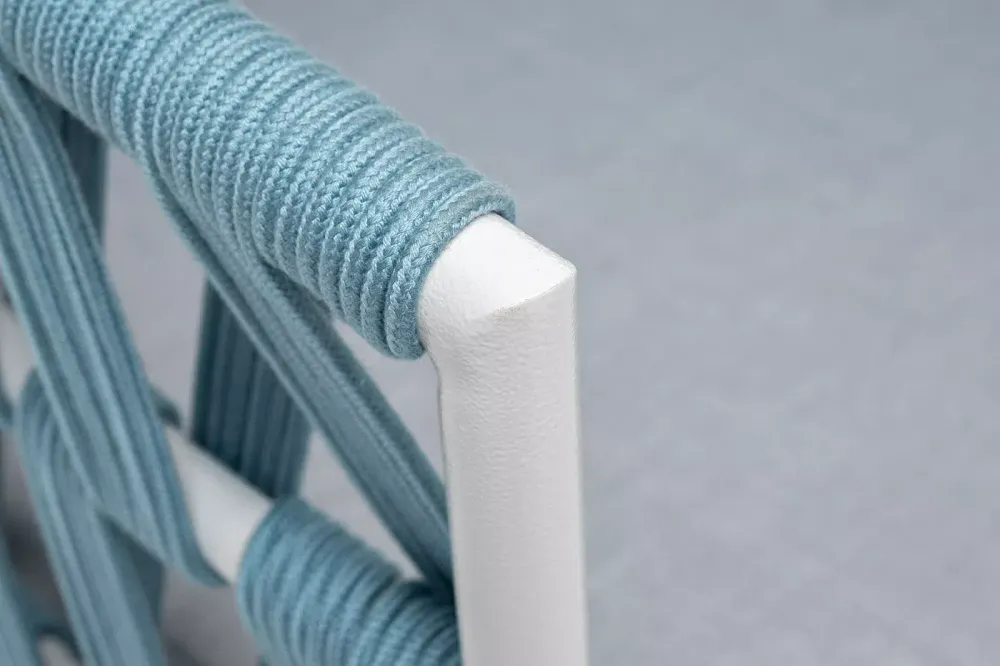 "Диего" кресло плетеное из роупа, каркас алюминий светло-серый (RAL7035) муар, роуп бирюзовый круглый, ткань светло-серая