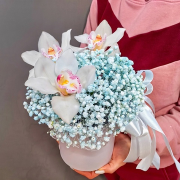 Шляпная коробка с гипсофилой и белыми орхидеями