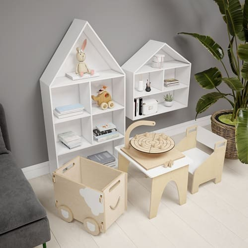 🏡 Стеллаж-домик «Теремок» — где книги живут как в сказке, а игрушки — как в гостях у друзей 🐰📚