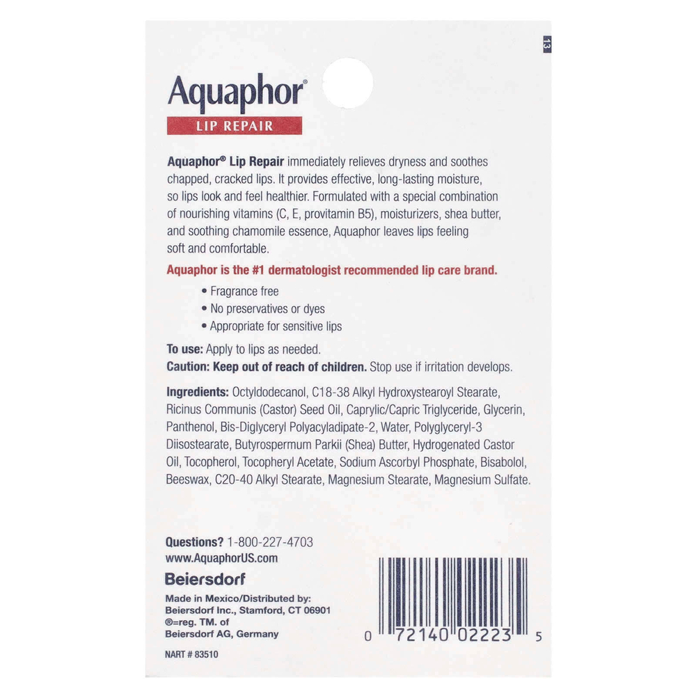 Aquaphor, Lip Repair, немедленное облегчение, без отдушек, 2 тюбика по 10 мл (0,35 жидк. унц.)