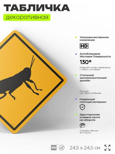 Табличка прикольная "Осторожно, кузнечики" на дверь и стену, информационная и предупреждающая, декоративный знак, 24,5х24,5 см, пластиковая, Айдентика Технолоджи