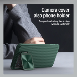 Чехол зеленого цвета (Deep Green) от Nillkin для Xiaomi Poco F6 Pro с металлической откидной крышкой и поддержкой магнитной беспроводной зарядки MagSafe, серия CamShield Prop Magnetic