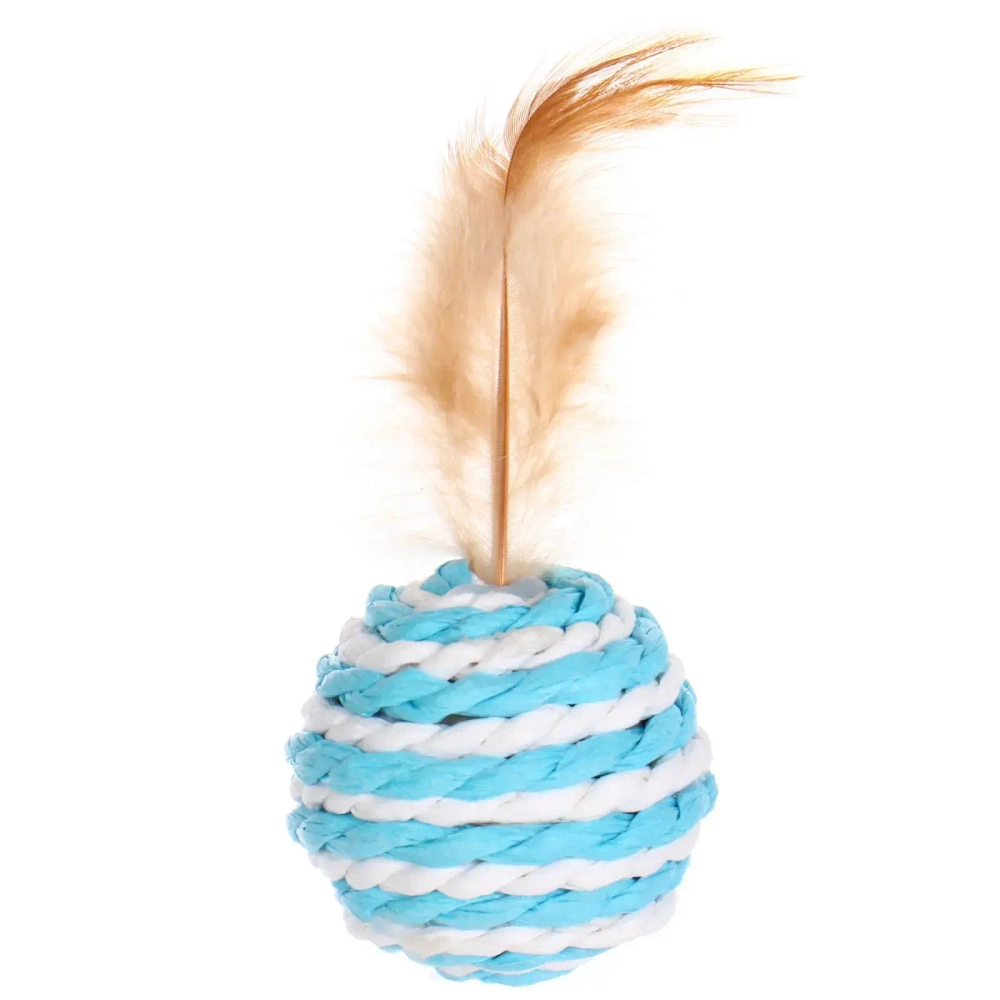Игрушка - шарик для кошек «ИГРУЛИК», перышко, цвет голубой, d-5см, длина 10см (пакет с подвесом)