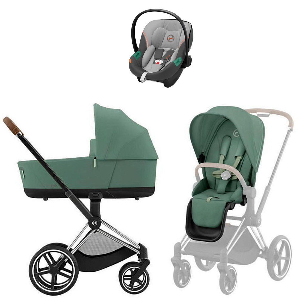 Коляска Cybex Priam IV Chrome Brown complete Aton S2 Lava Grey Base One 4 в 1 Leaf Green