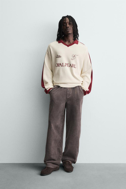 ZARA ПОЛО С ВЫШИВКОЙ В СТИЛЕ РЕТРО, ЖЕЛТОВАТО-БЕЛЫЙ