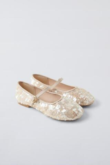 ZARA БАЛЕТКИ С ПАЙЕТКАМИ, ЭКРЮ