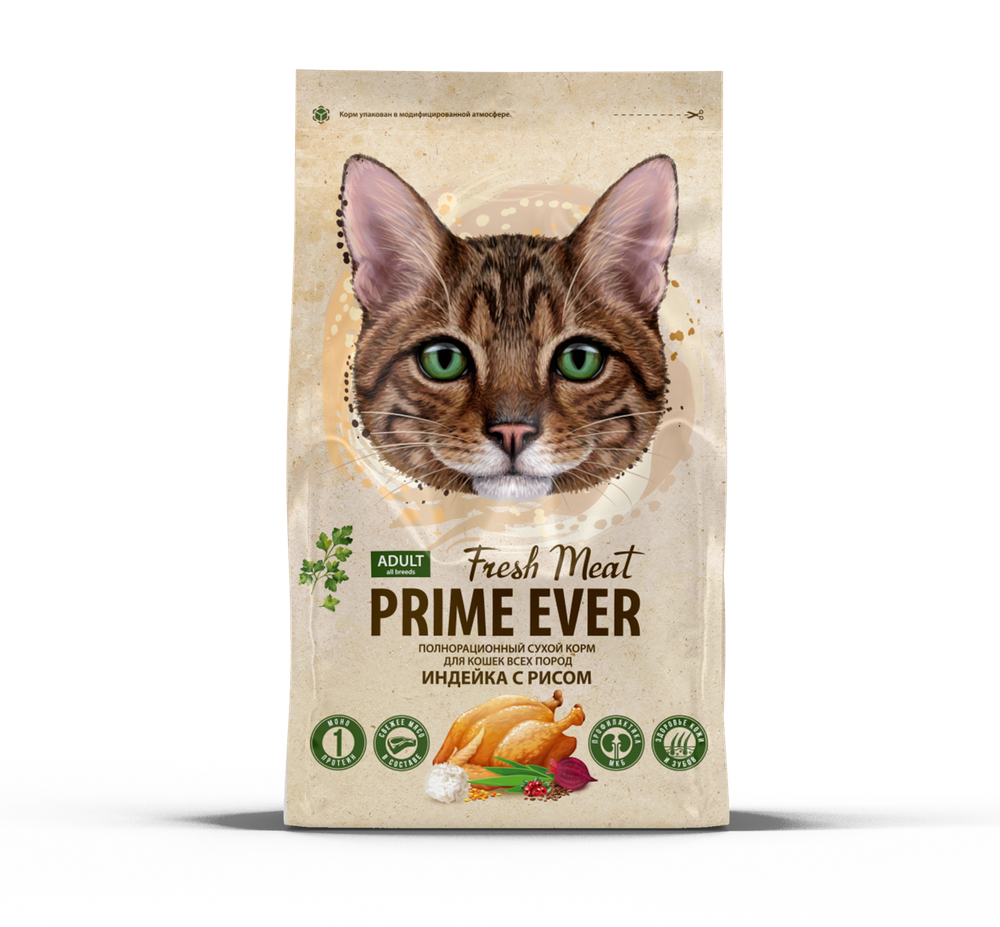 Prime Ever Fresh Meat Adult Cat Индейка с рисом полнорационный сухой корм для кошек всех пород 18 кг