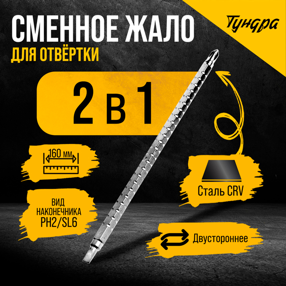 Сменное жало для отвертки ТУНДРА, CrV, двухстороннее, SL6 - PH2, 160 мм