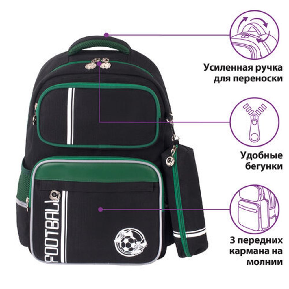 Рюкзак ЮНЛАНДИЯ COMPLETE, с пеналом в комплекте, эрго-спинка, "Football", 42х29х14 см, 229975