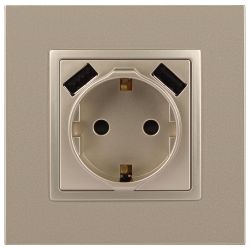 14-4109-04 ЭРА Розетка 2P+E 16A-250В, штор. с 2xUSB 5В-3А, Эра Elegance, шампань | Elegance Шампань