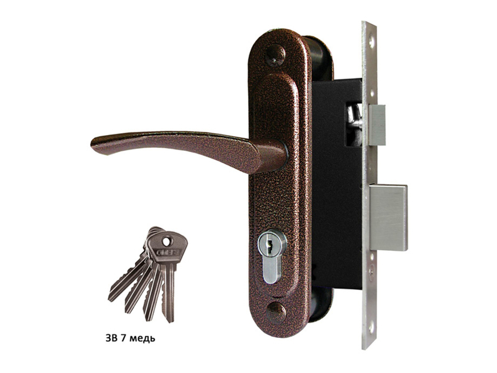Замок врезной цилиндровый с защелкой в комплекте с ручкой Омега ЗВ7 медь , 4 кл. 14686
