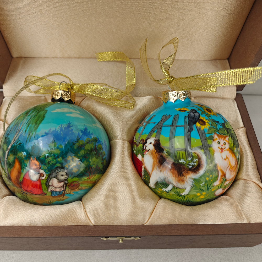 Набор новогодних шаров с ручной росписью "Репка" и "Ворона и лисица"