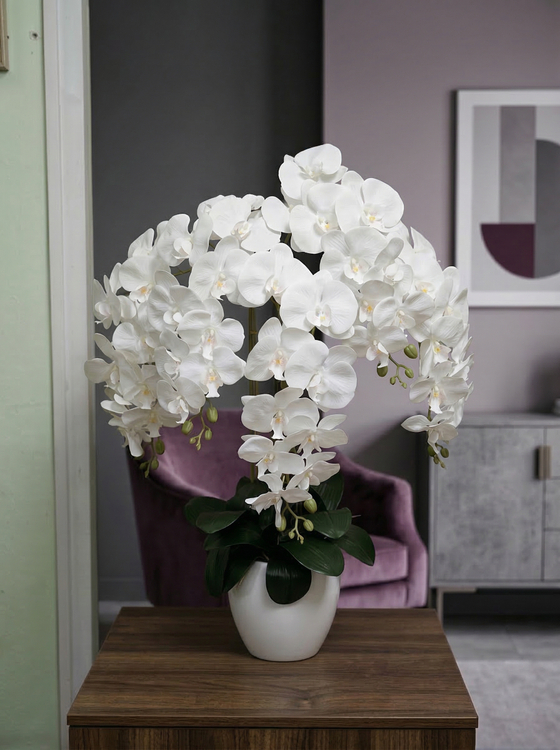 Орхидеи искусственные Люкс в кашпо белоснежные 5 веток