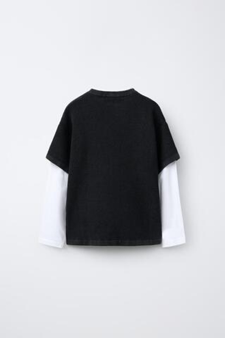 ZARA ФУТБОЛКА С ДВОЙНЫМИ РУКАВАМИ И НАДПИСЬЮ, ЧЕРНЫЙ