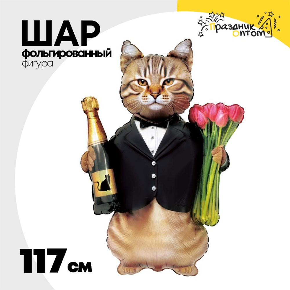 Шар Фольгированный Кот с тюльпанами и шампанским (Ассорти)