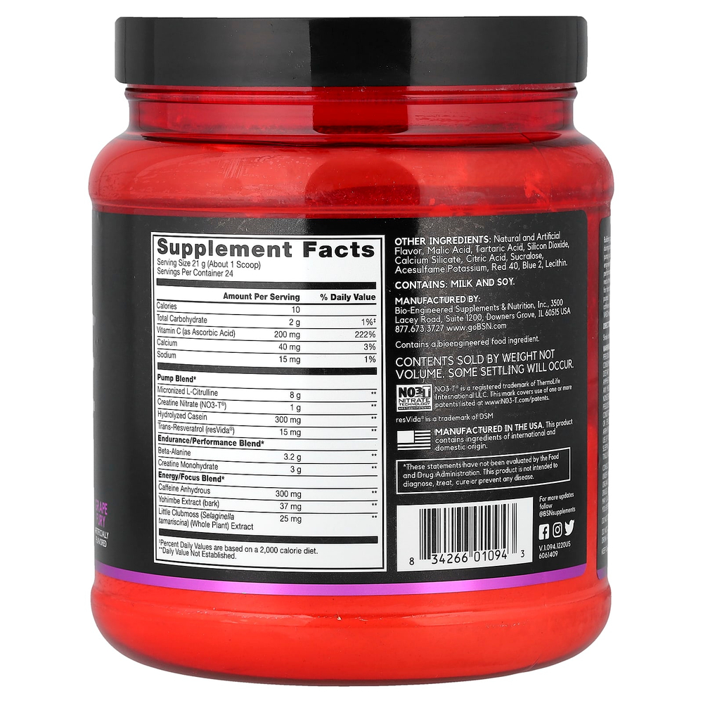 BSN, No-Xplode® VASO, предтренировочный комплекс для прокачки мышц, со вкусом винограда, 504 г (1,11 фунта)