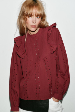 ZARA БЛУЗА В РОМАНТИЧЕСКОМ СТИЛЕ С АЖУРНОЙ ВЫШИВКОЙ, БОРДОВЫЙ