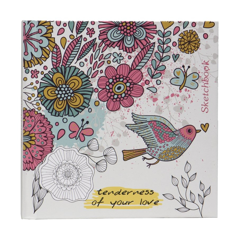 Скетчбук 150*150 мм., 80л., "Птица и цветы", 100 г/м2, Проф-Пресс, 7БЦ, ламинация, жёсткая подложка, белый офсет
