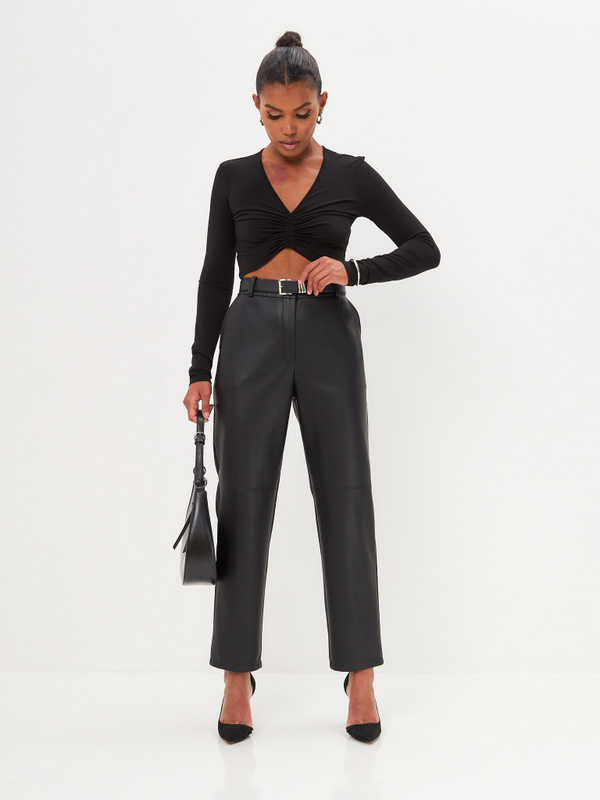 Брюки зауженные кожаные чинос черный графит