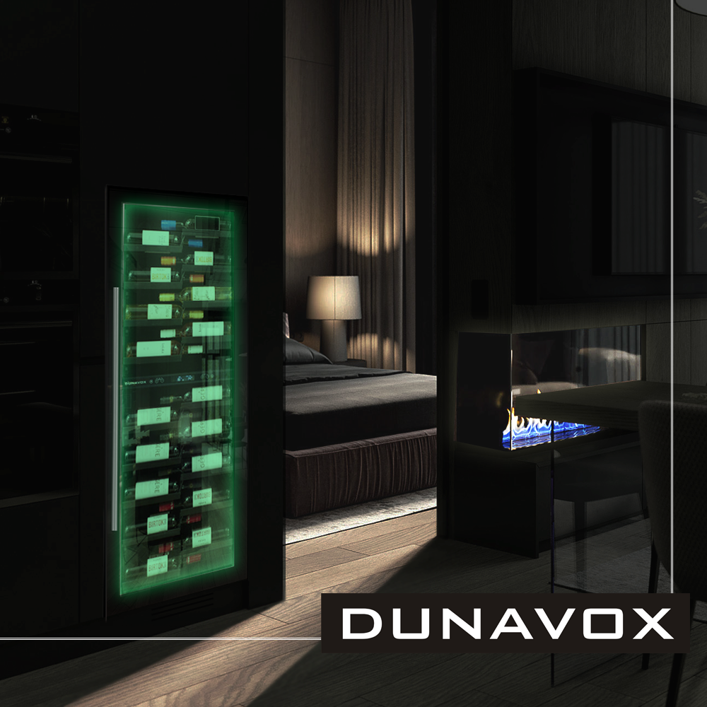 Винный шкаф большой DUNAVOX DX-104.375DSS зеленая подсветка