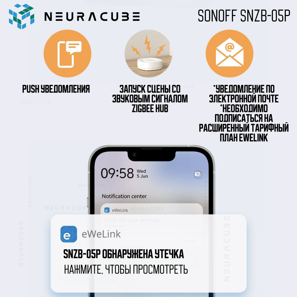 Zigbee Датчик протечки воды Sonoff SNZB-05P + Кабель обнаружения протечки Sonoff WLDC200