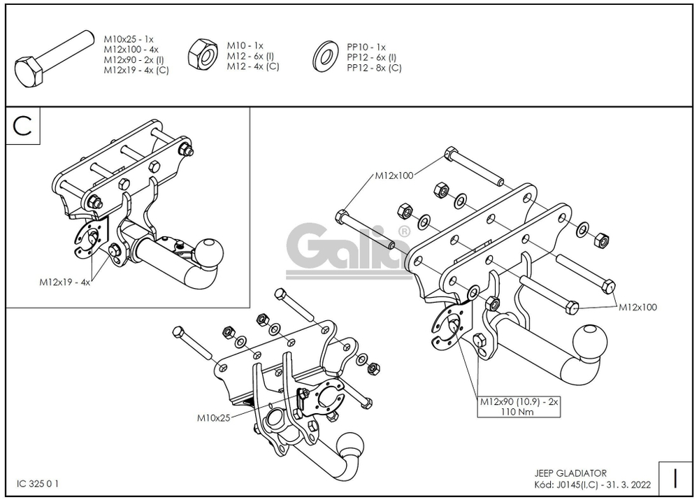 Оцинкованный фаркоп на Jeep Gladiator 2019- (без электрики), Galia J014C