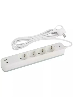 Сетевой фильтр Intro SFE430-2xUSBAC-W с базовой защитой с заземлением с выключателем 4 розетки+2xUSBA+C 3,1A 3м 10А / удлинитель сетевой 3м