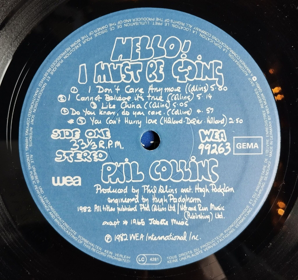 Винтажная виниловая пластинка LP Phil Collins Hello, I Must Be Going (Germany 1982) The West Side