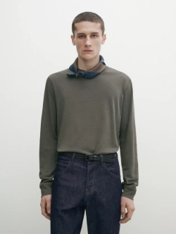 Massimo Dutti Футболка с длинным рукавом из 100% хлопка, зеленовато-серый