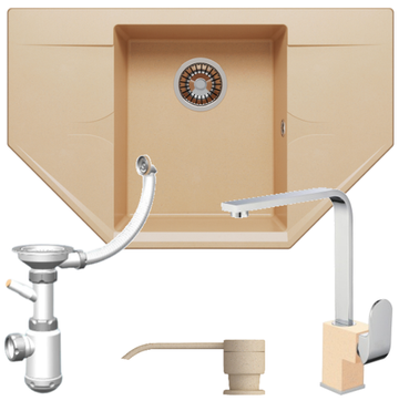 Мойка POLYGRAN RIFF-800 бежевый №27, смеситель КВАДРО бежевый